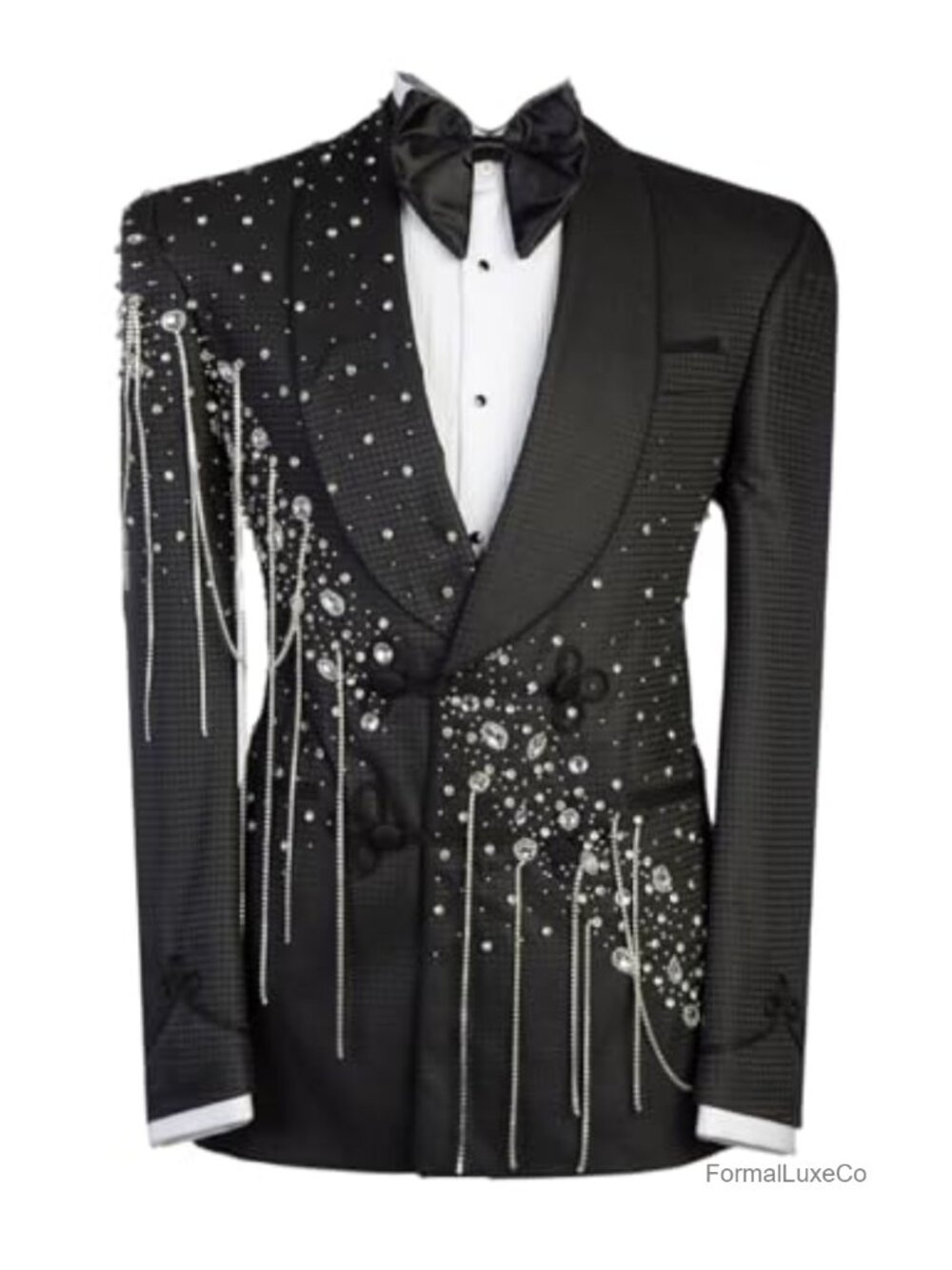 Men's Luxury Rhinestone Tuxedo Blazer Slim Fit Double Breasted Peak Lapel Prom